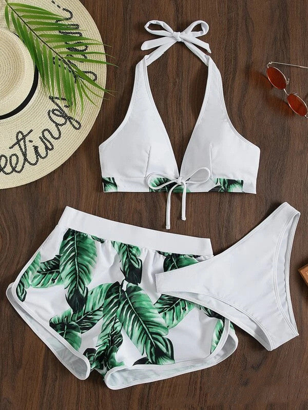 Damen Dreiteiliges Bikini mit Haltertop und passendem Shorts