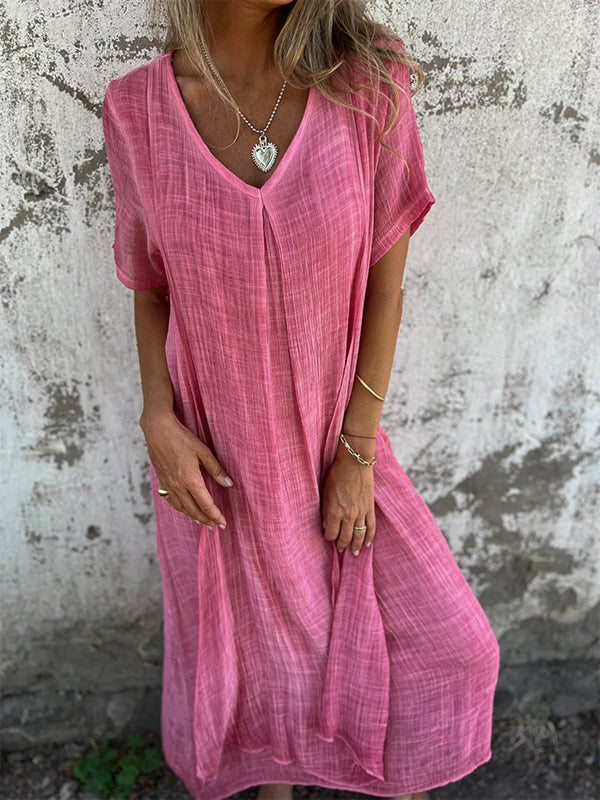 Damen-Midikleid aus Leinen mit V-Ausschnitt und kurzen Ärmeln
