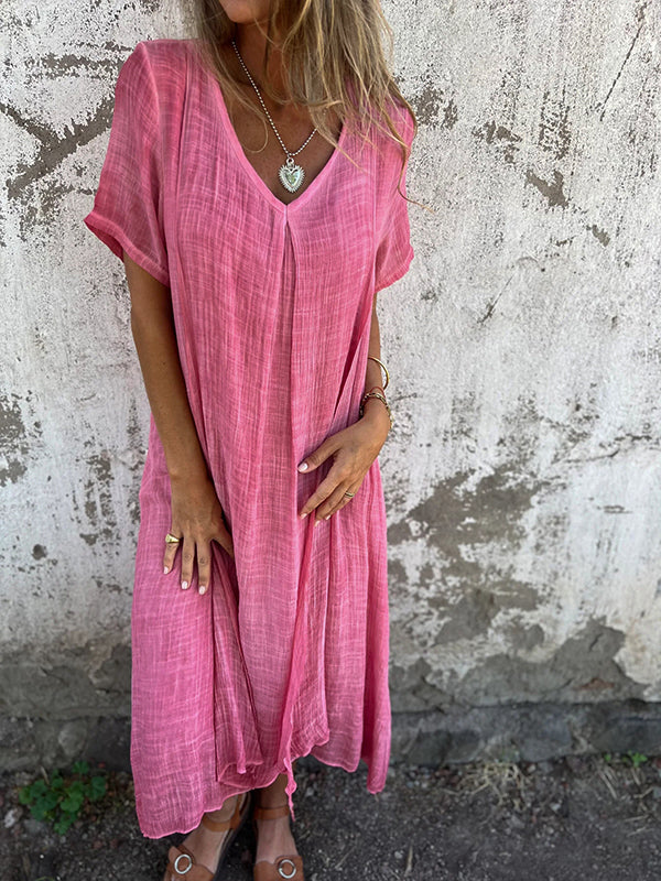 Damen-Midikleid aus Leinen mit V-Ausschnitt und kurzen Ärmeln