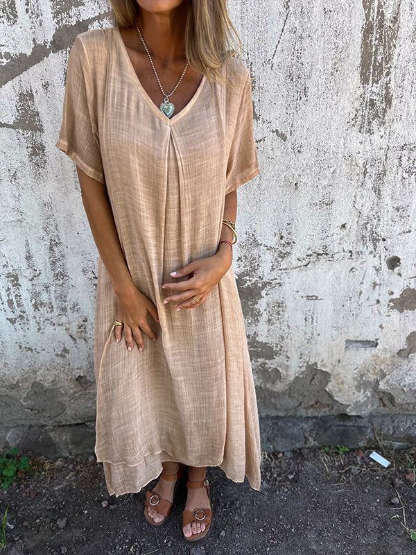 Damen-Midikleid aus Leinen mit V-Ausschnitt und kurzen Ärmeln