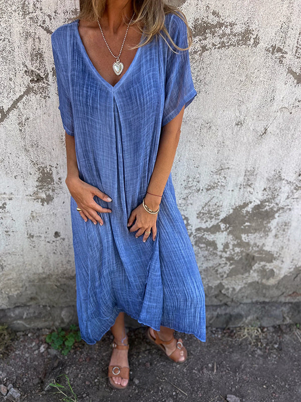 Damen-Midikleid aus Leinen mit V-Ausschnitt und kurzen Ärmeln