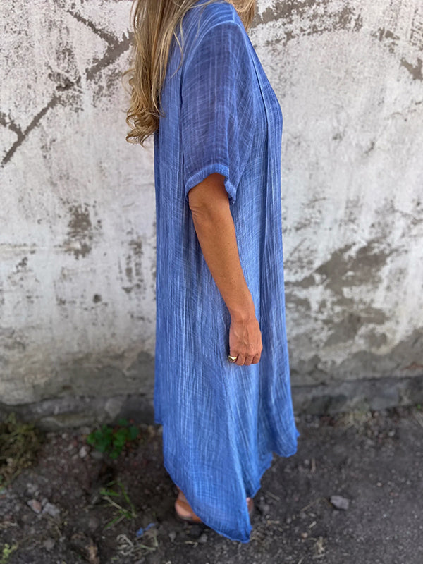 Damen-Midikleid aus Leinen mit V-Ausschnitt und kurzen Ärmeln