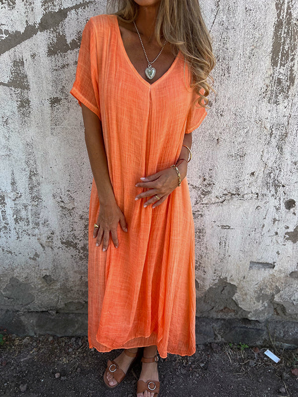 Damen-Midikleid aus Leinen mit V-Ausschnitt und kurzen Ärmeln