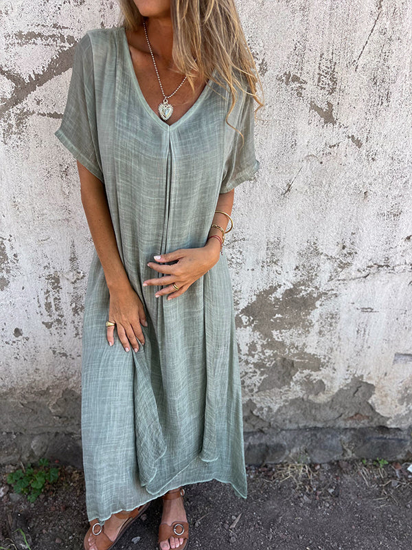 Damen-Midikleid aus Leinen mit V-Ausschnitt und kurzen Ärmeln