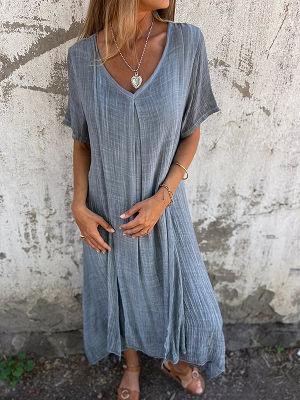 Damen-Midikleid aus Leinen mit V-Ausschnitt und kurzen Ärmeln