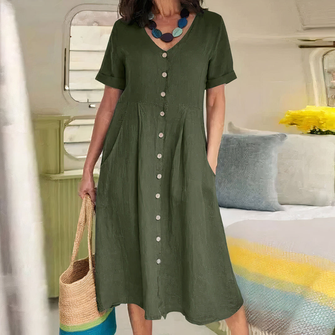 Damen Knopf-Front Midikleid