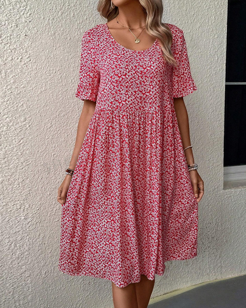 Damen-Midikleid mit Blumenmuster, Rundhalsausschnitt und Puffärmeln