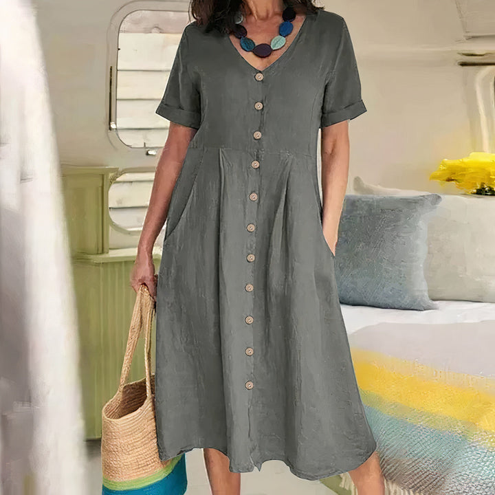 Damen Knopf-Front Midikleid