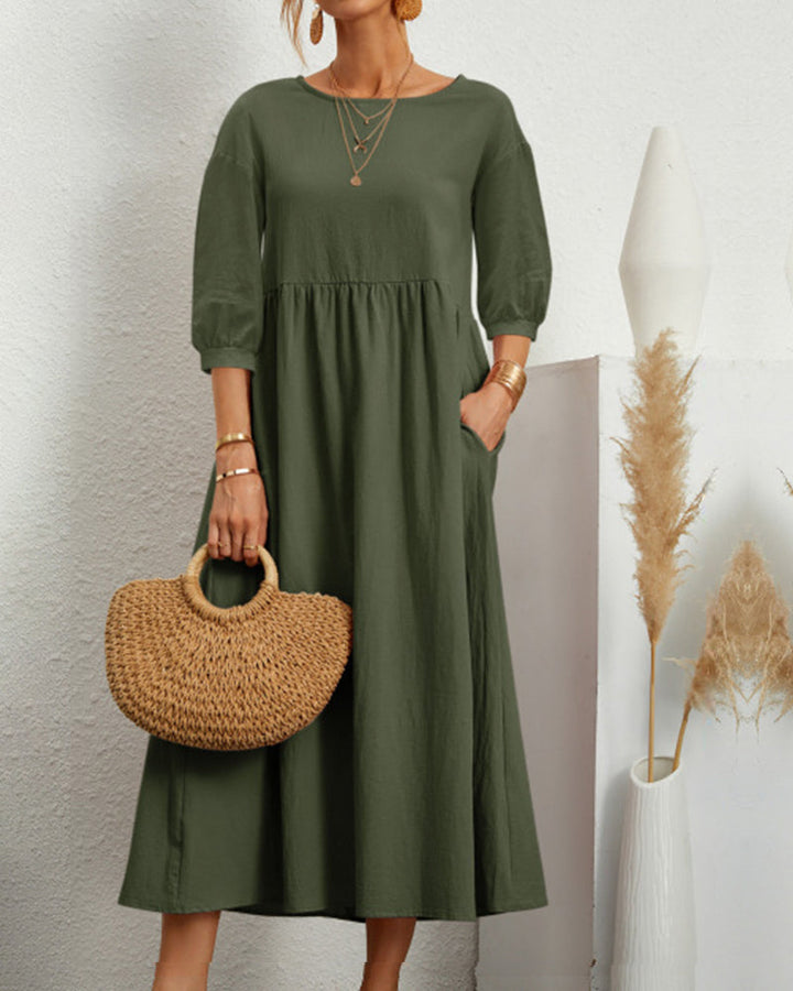 Damen Midikleid mit Rundhalsausschnitt und Taschen