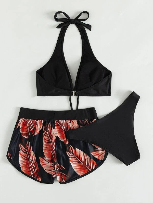 Damen Dreiteiliges Bikini mit Haltertop und passendem Shorts