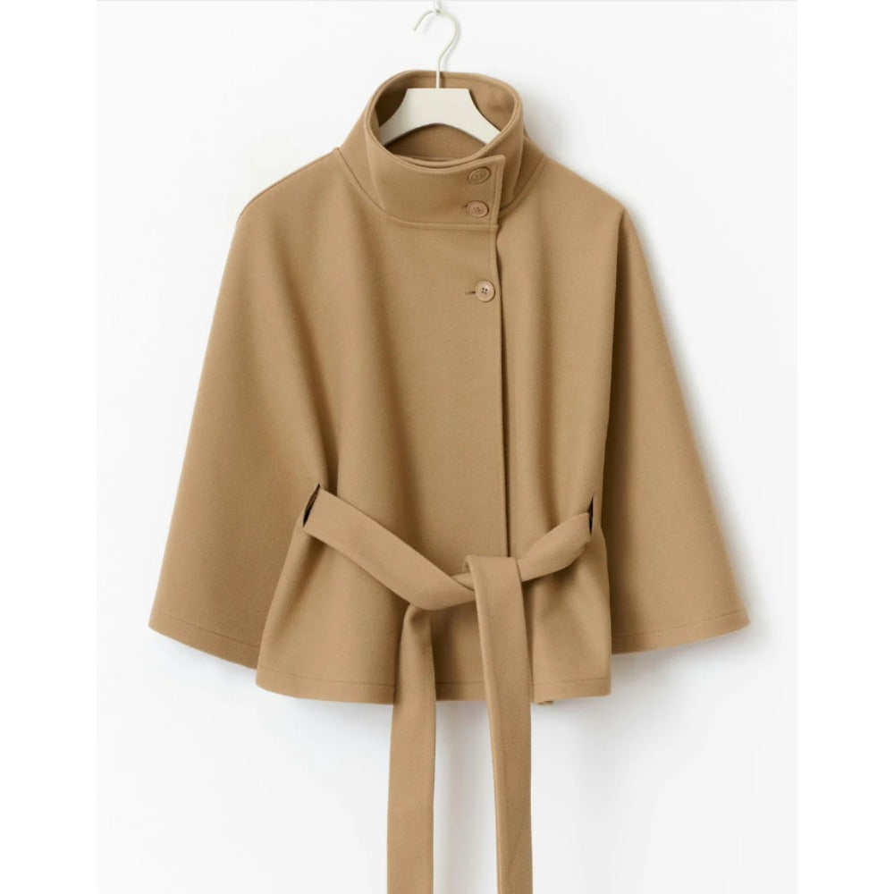 Damen Cape-Mantel Mit Gürtel Und Hohem Kragen | Stylischer Ärmel