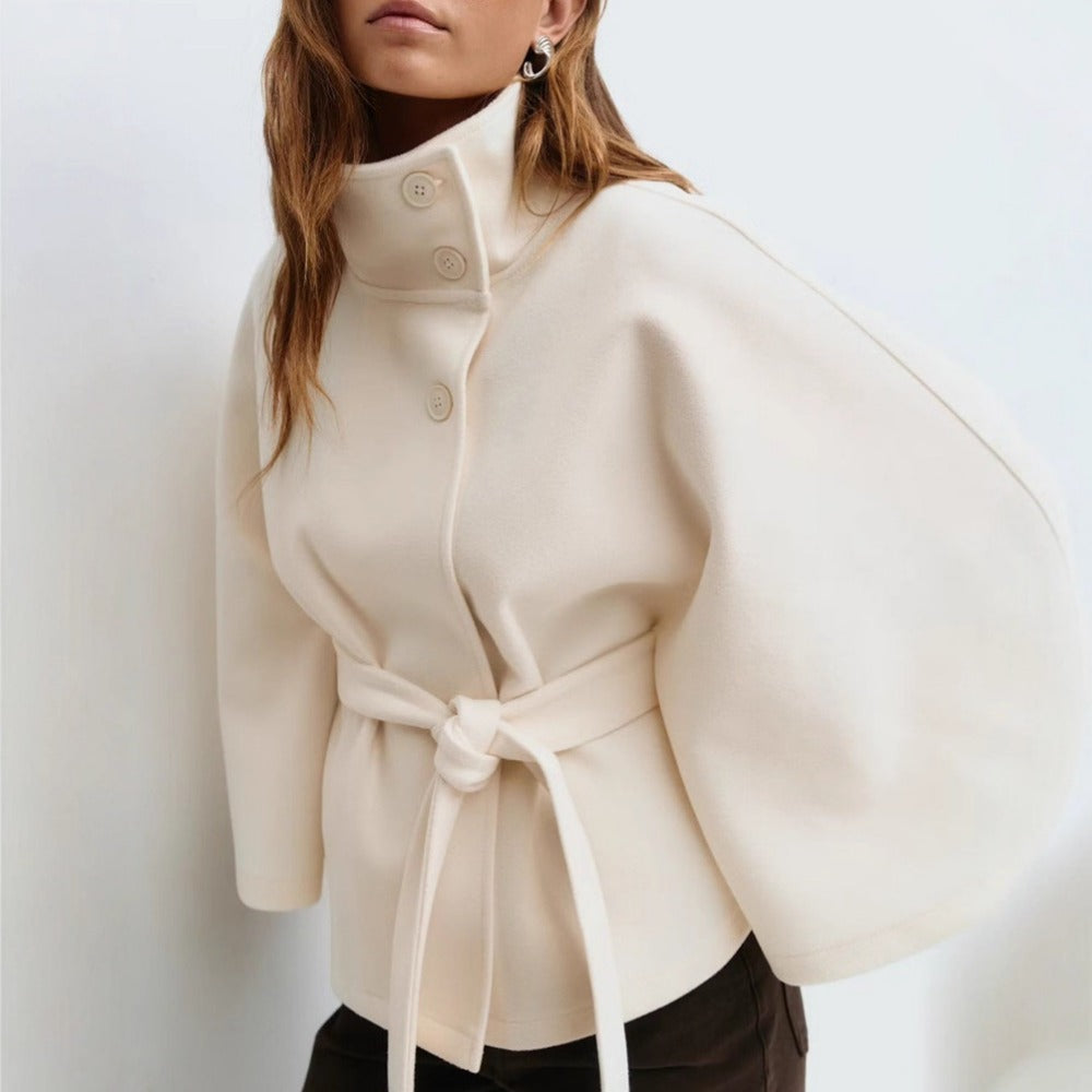 Damen Cape-Mantel Mit Gürtel Und Hohem Kragen | Stylischer Ärmel