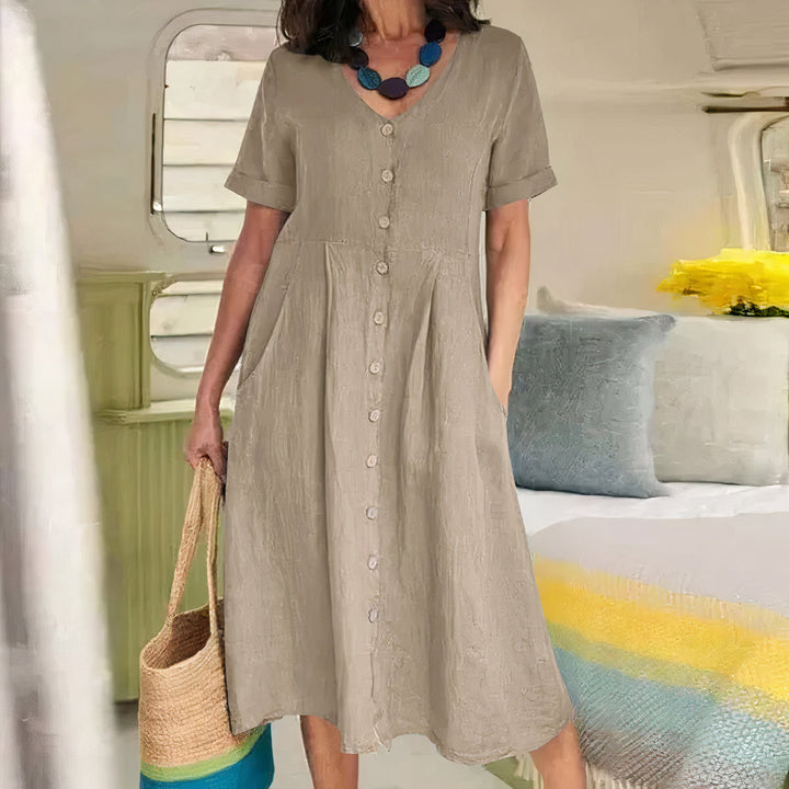 Damen Knopf-Front Midikleid