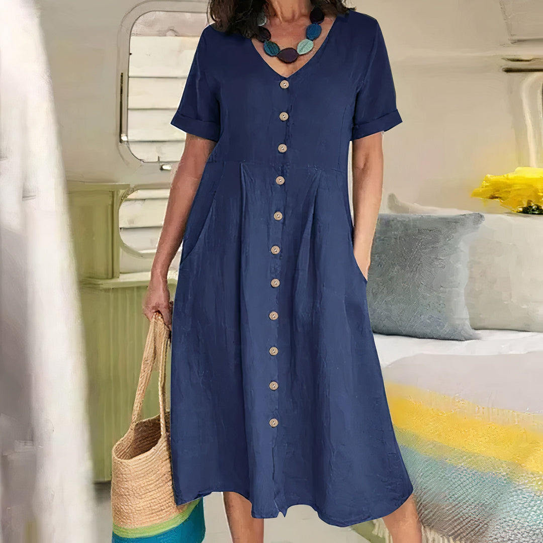 Damen Knopf-Front Midikleid