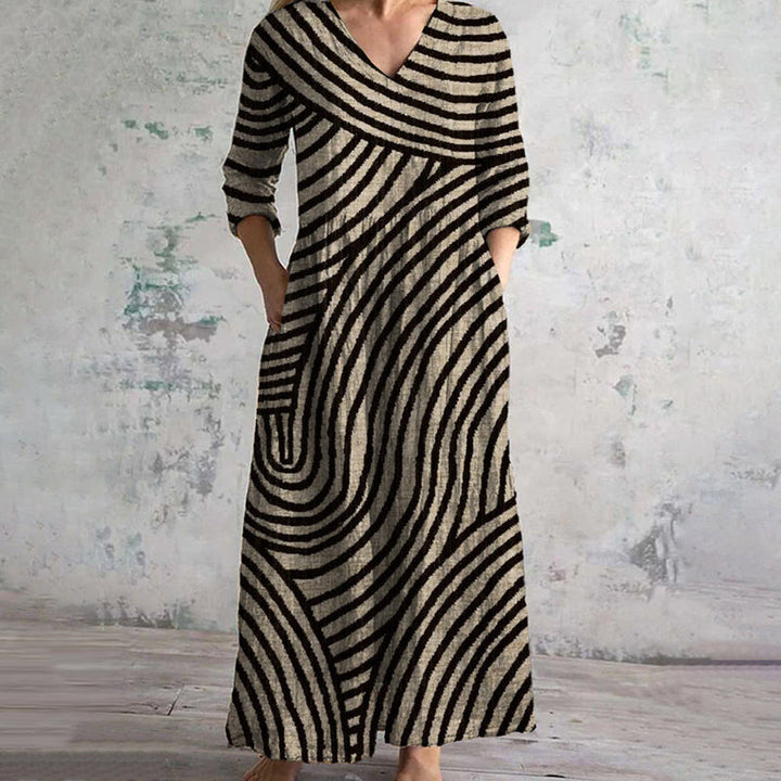 Damen-Kleid mit Vintage-Streifen, V-Ausschnitt und Taschen