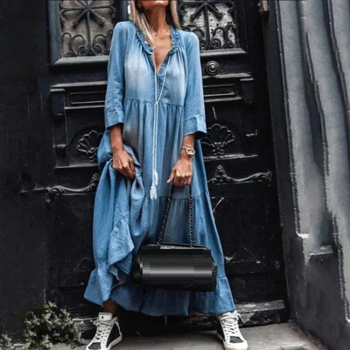 Damen Sommer Jeans-Maxikleid mit Rüschen and Langen Ärmeln