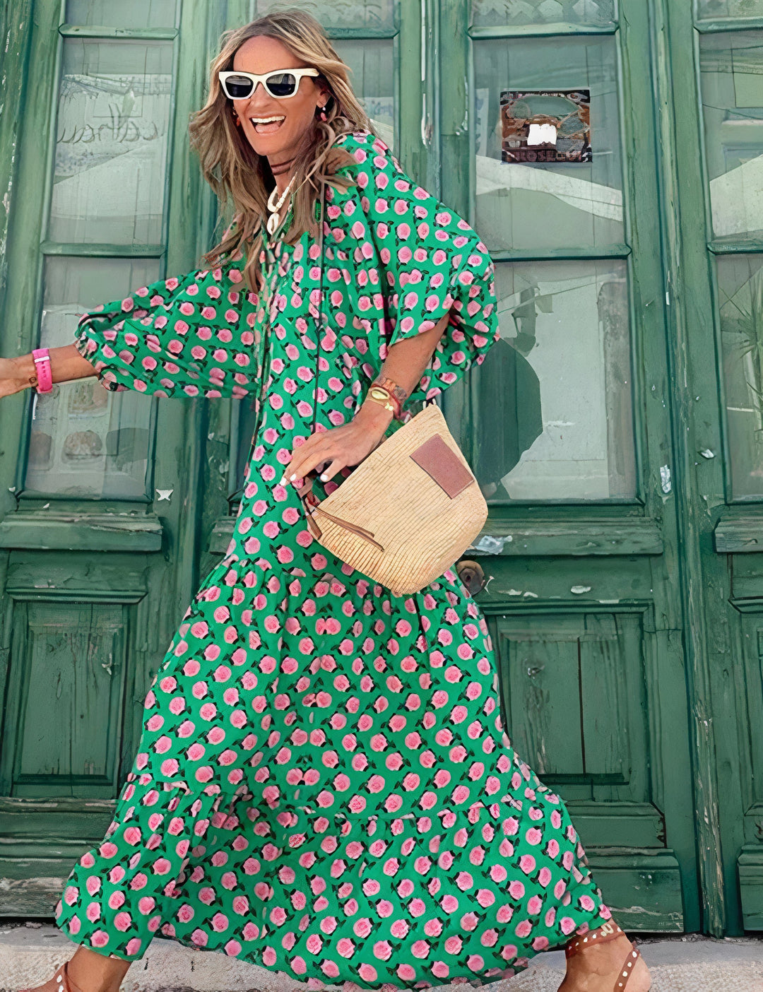 Damen Sommer Bedrucktes Maxikleid mit V-Ausschnitt and Puffärmeln