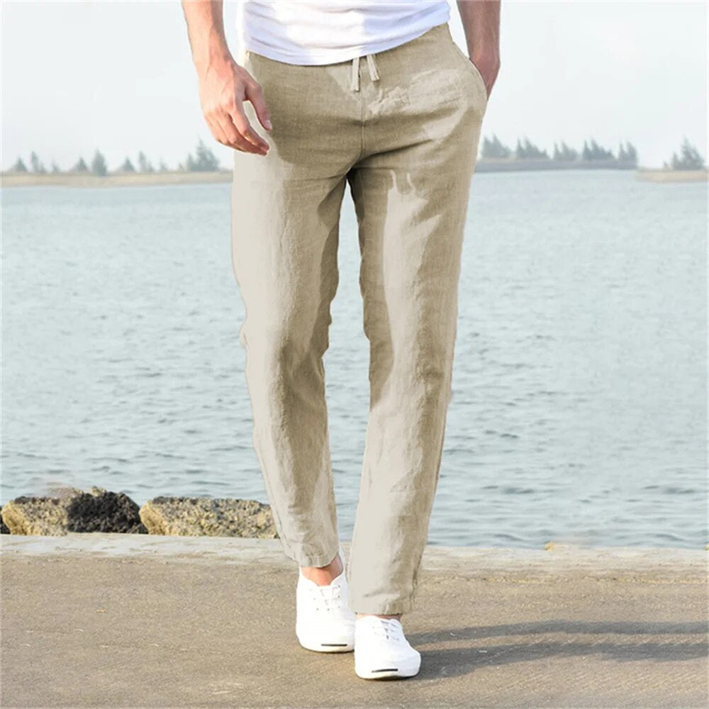 Herren Leinenhose mit geradem Schnitt und Taschen