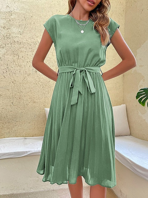 Damen Plissiertes Midi-Kleid mit kurzen Ärmeln
