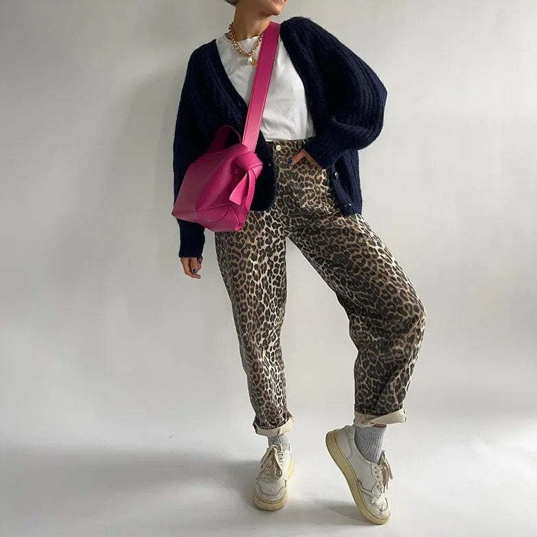 Damen Weit Geschnittene Hose mit Leopardenmuster