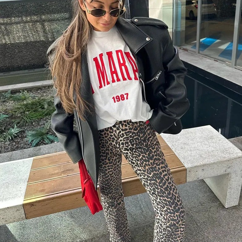 Damen Weit Geschnittene Hose mit Leopardenmuster