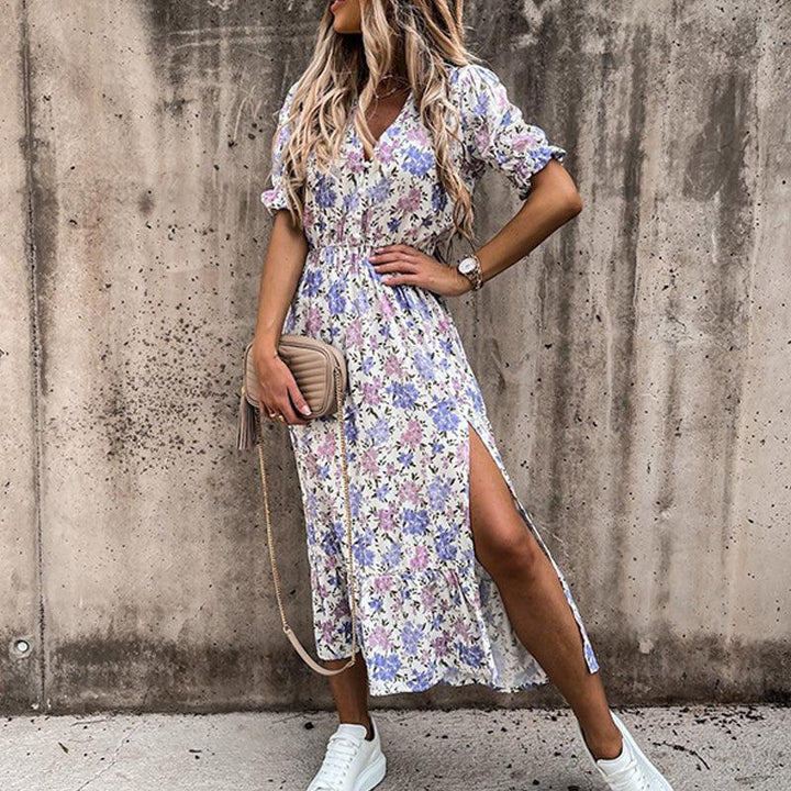 Damen Midikleid mit V-Ausschnitt und Blumenmuster