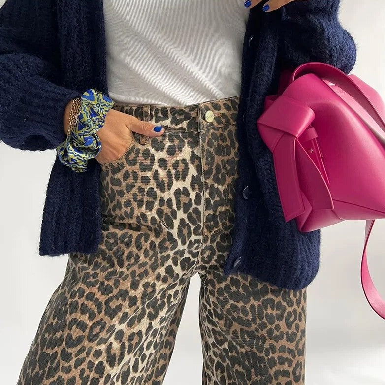 Damen Weit Geschnittene Hose mit Leopardenmuster