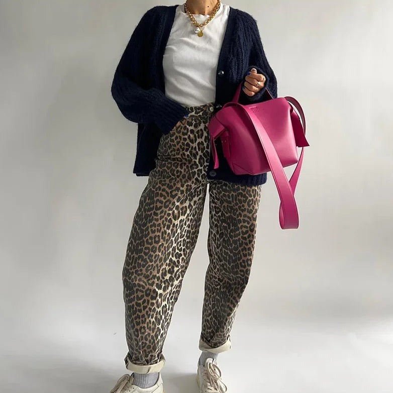Damen Weit Geschnittene Hose mit Leopardenmuster