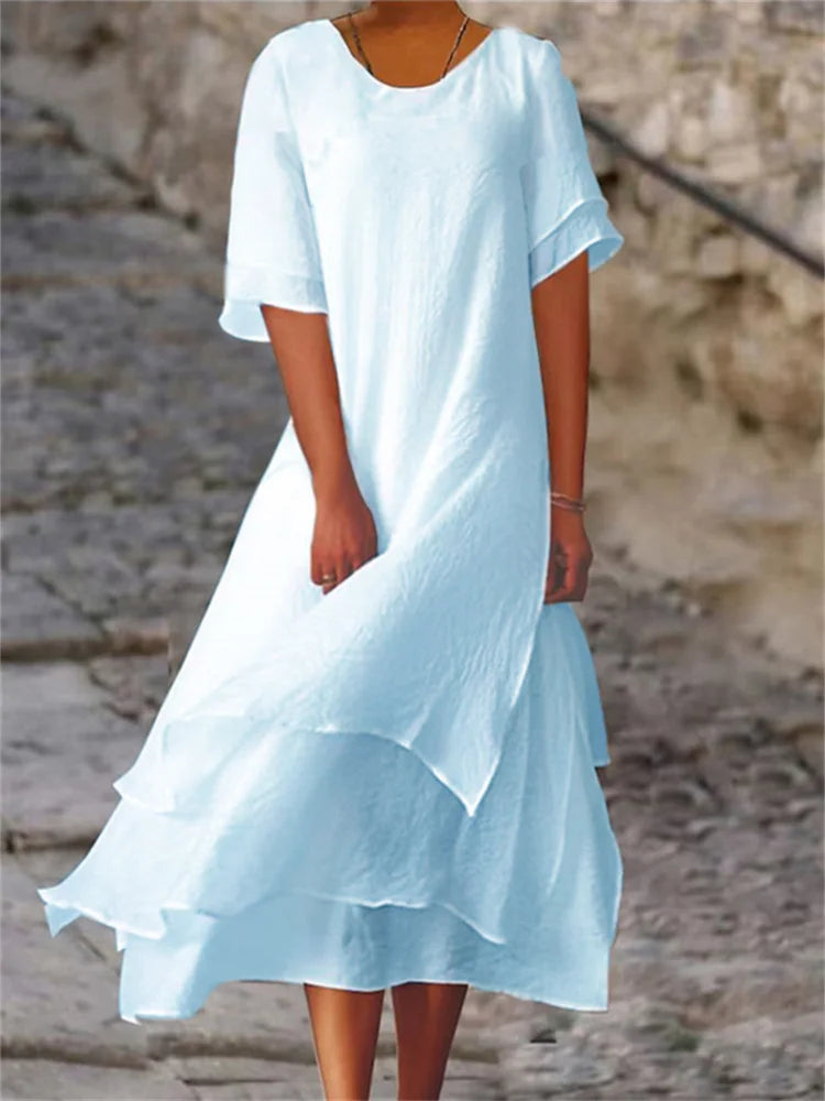 Damen-Midikleid mit Stufenrock und kurzen Ärmeln