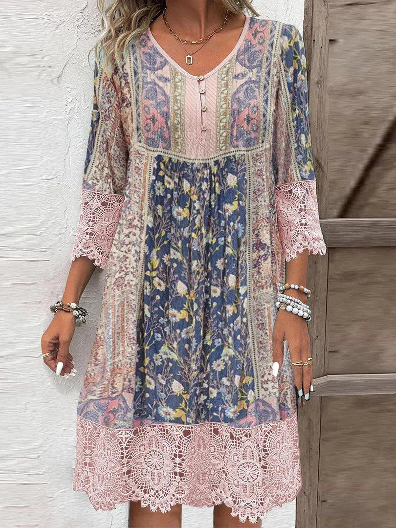 Damen-Knielanges Blumenkleid mit V-Ausschnitt und Spitzenbesatz