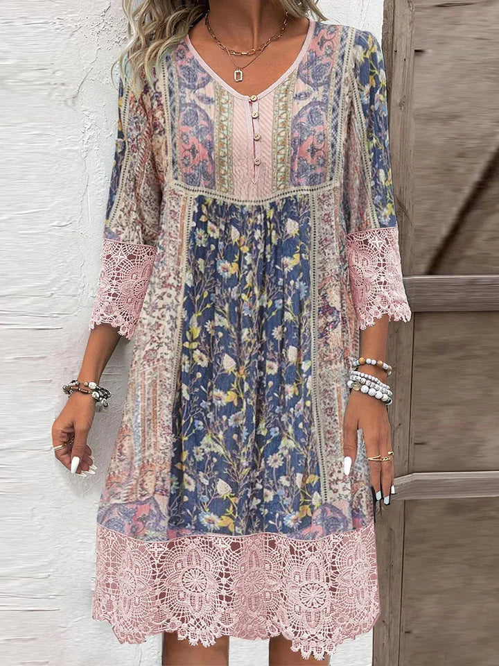 Damen-Knielanges Blumenkleid mit V-Ausschnitt und Spitzenbesatz