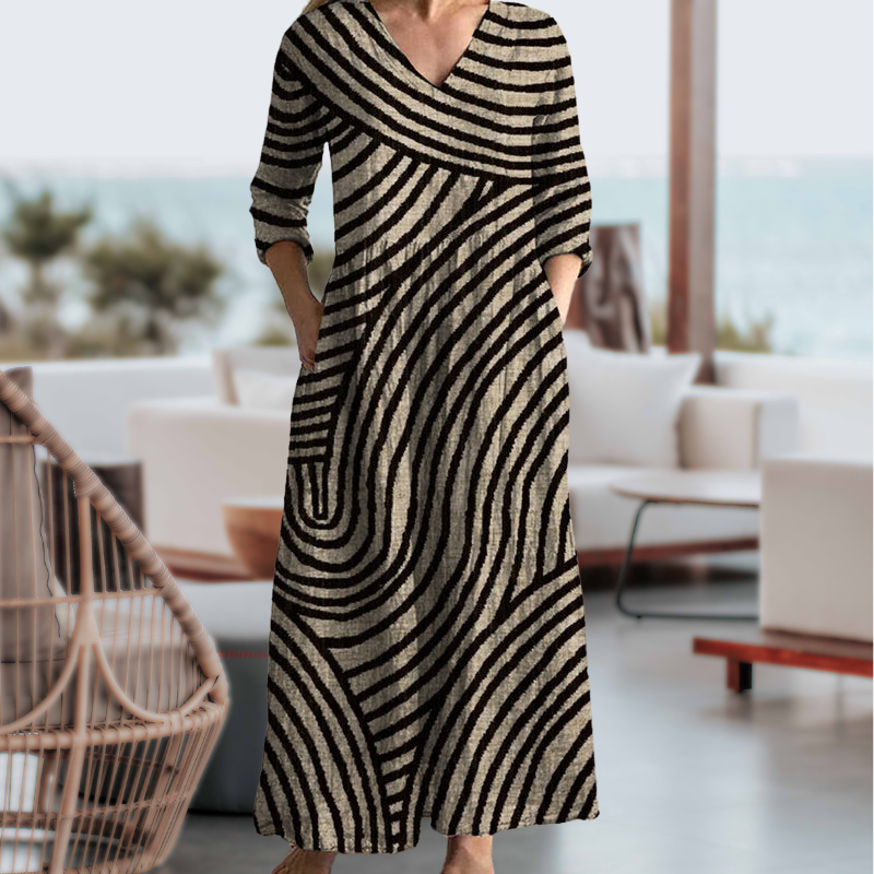Damen-Kleid mit Vintage-Streifen, V-Ausschnitt und Taschen