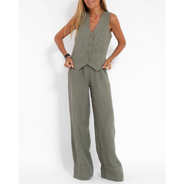 Damen Leinenweste & Weite Hosen Sommer Set