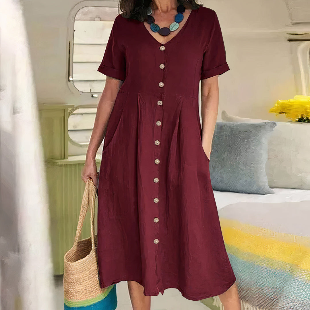Damen Knopf-Front Midikleid