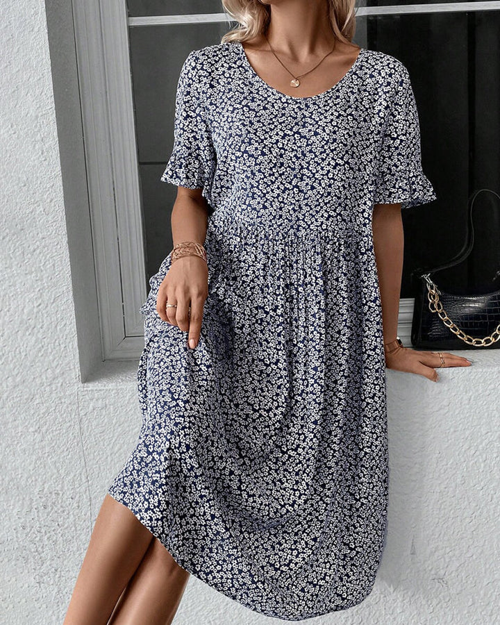 Damen-Midikleid mit Blumenmuster, Rundhalsausschnitt und Puffärmeln