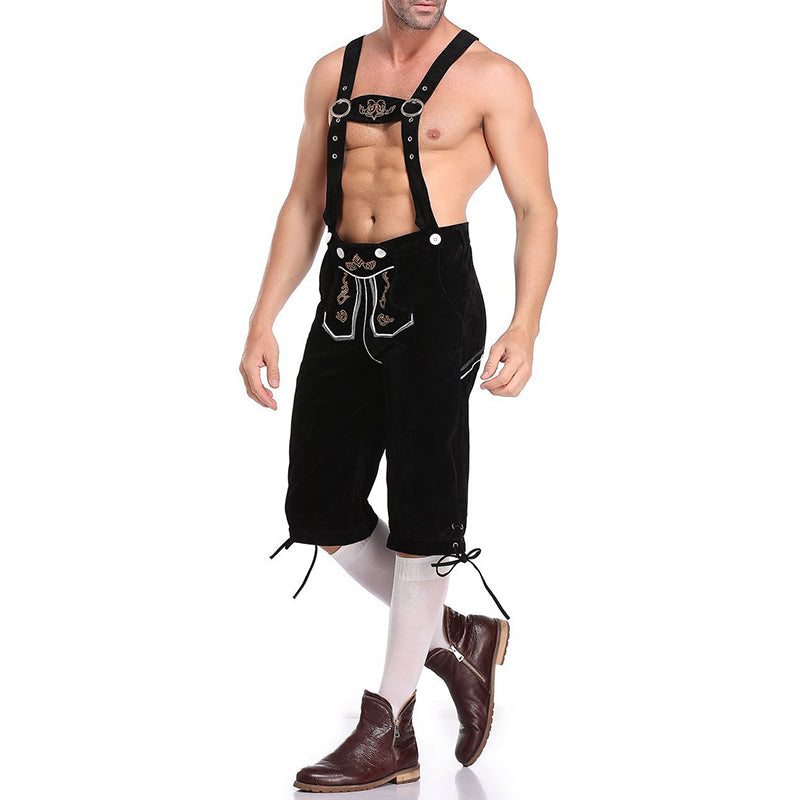 Herren Lederhose mit Hosenträgern und Stickerei