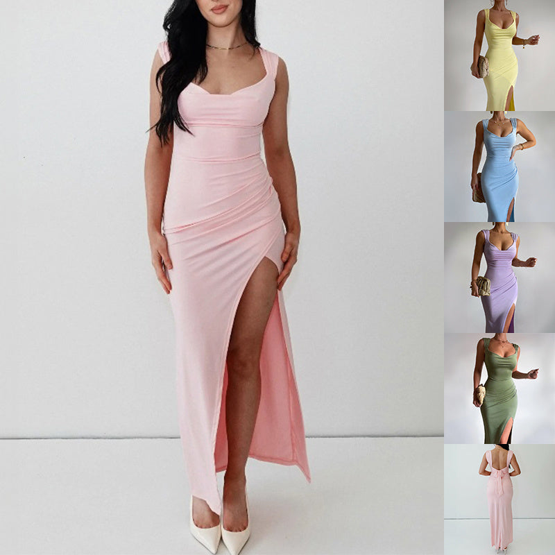 Damen Midi-Länge ärmelloses Kleid mit hohem Schlitz