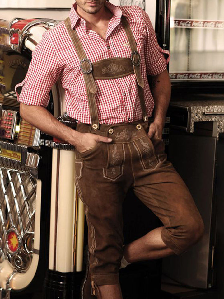 Herren Lederhose mit Hosenträgern und Stickerei