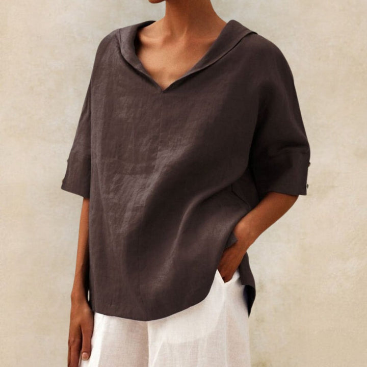 Damen Sommerbluse mit V-Ausschnitt and Ellbogenhöhe Knopf Ärmeln