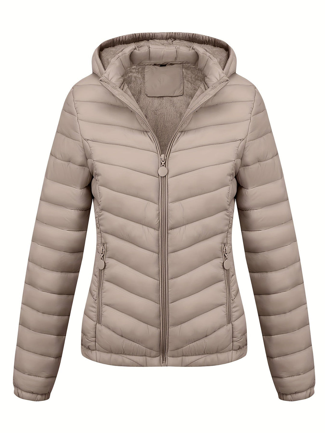 Moderne Pufferjacke Mit Reißverschluss Für Damen | Schräge Taschen