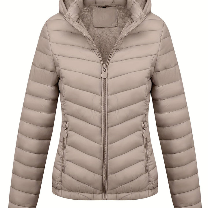 Moderne Pufferjacke Mit Reißverschluss Für Damen | Schräge Taschen
