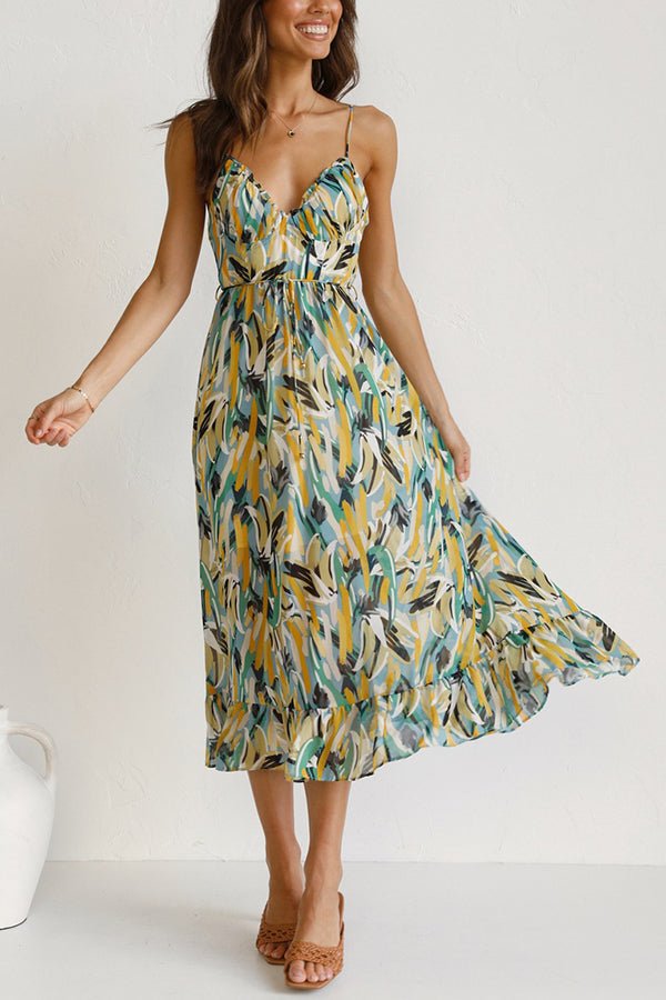 Damen Midikleid mit abstraktem Muster und Spaghettiträgern