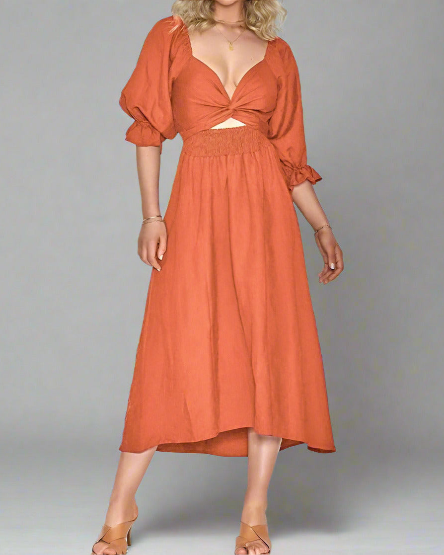 Damen Luftiges Sommerkleid mit dreiviertellangen Puffärmeln