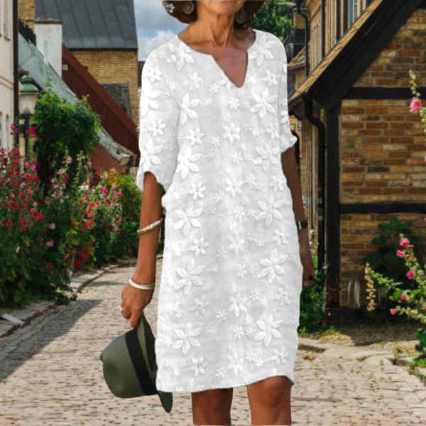 Damen-Midikleid mit V-Ausschnitt und Blumenstickerei