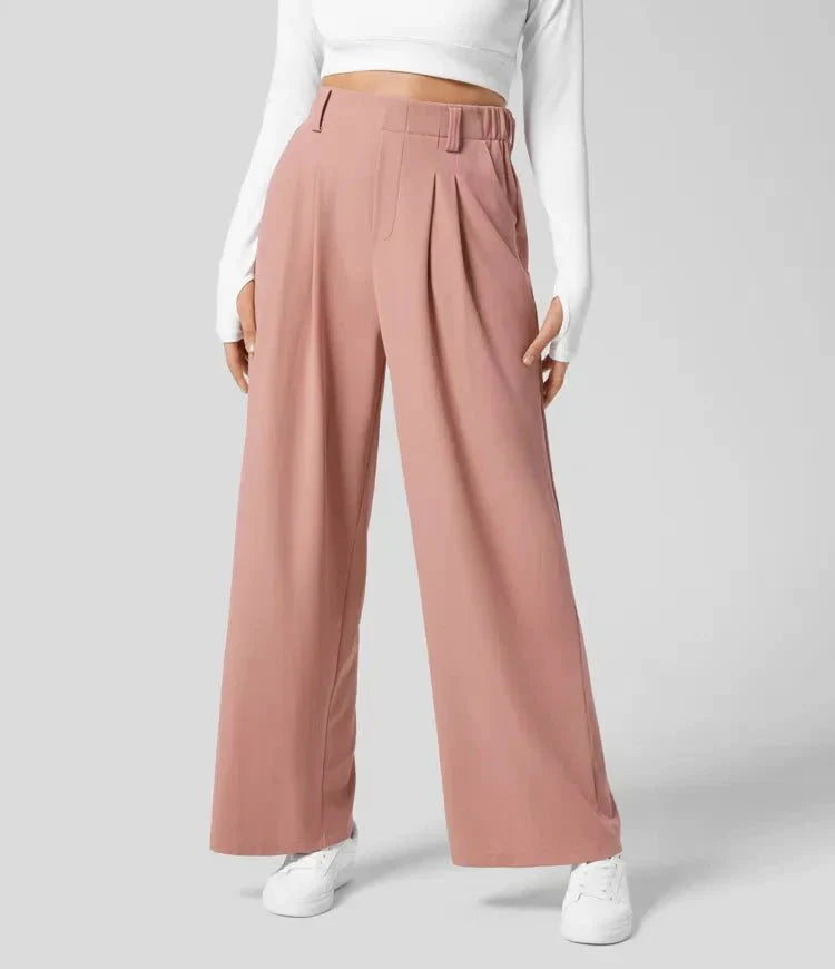 Damenhose mit weitem Bein und Falten sowie elastischem Bund