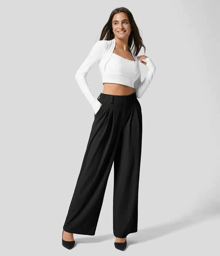 Damenhose mit weitem Bein und Falten sowie elastischem Bund