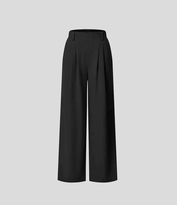 Damenhose mit weitem Bein und Falten sowie elastischem Bund